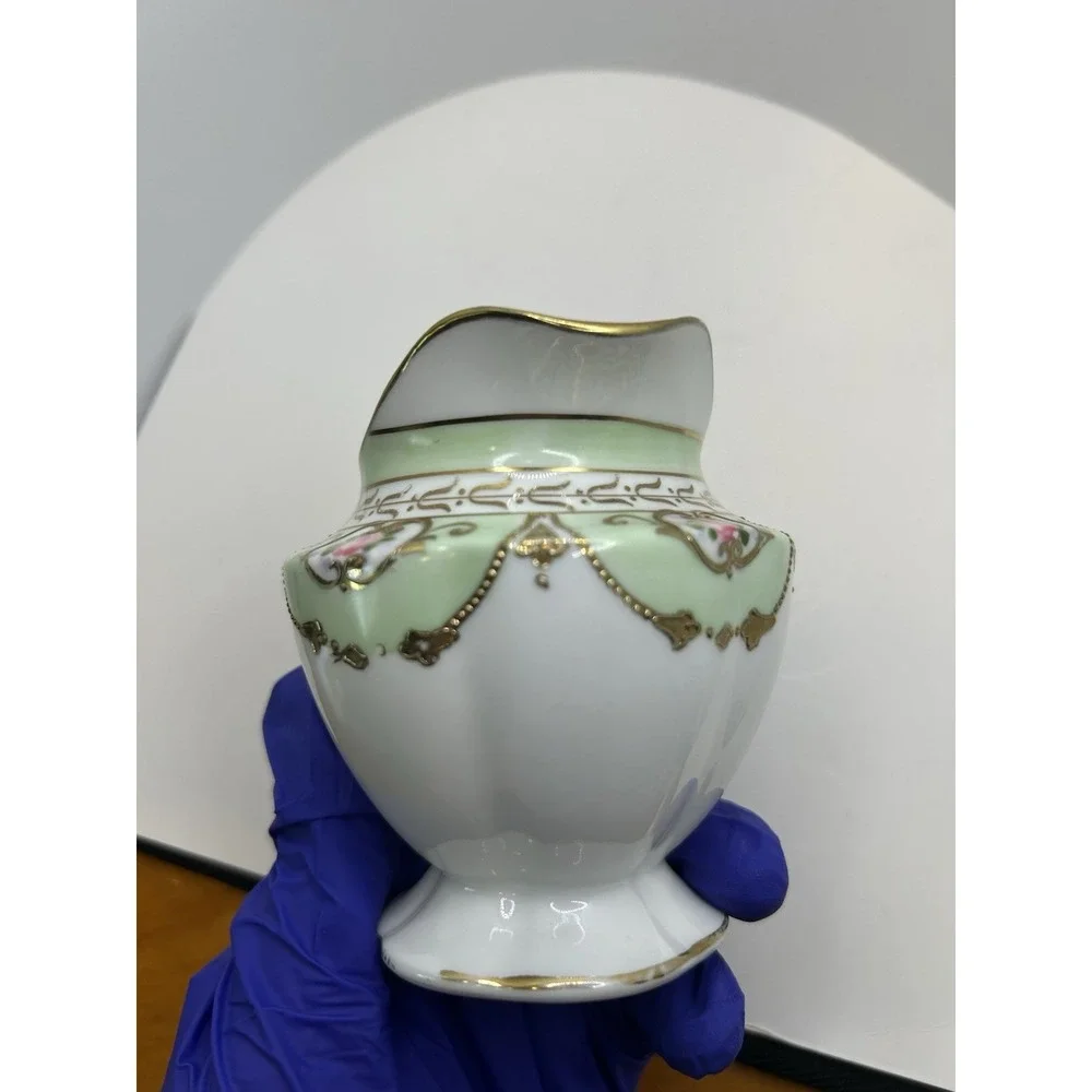 Cottagecore Hand Painted Porcelain Mini Creamer Floral Gold‎ Moriage Pink Green